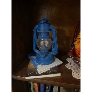 Vintage Blue Hurricane Kerosene Lantern Guangzhou China Paraffin Oil Lamp 9.5"